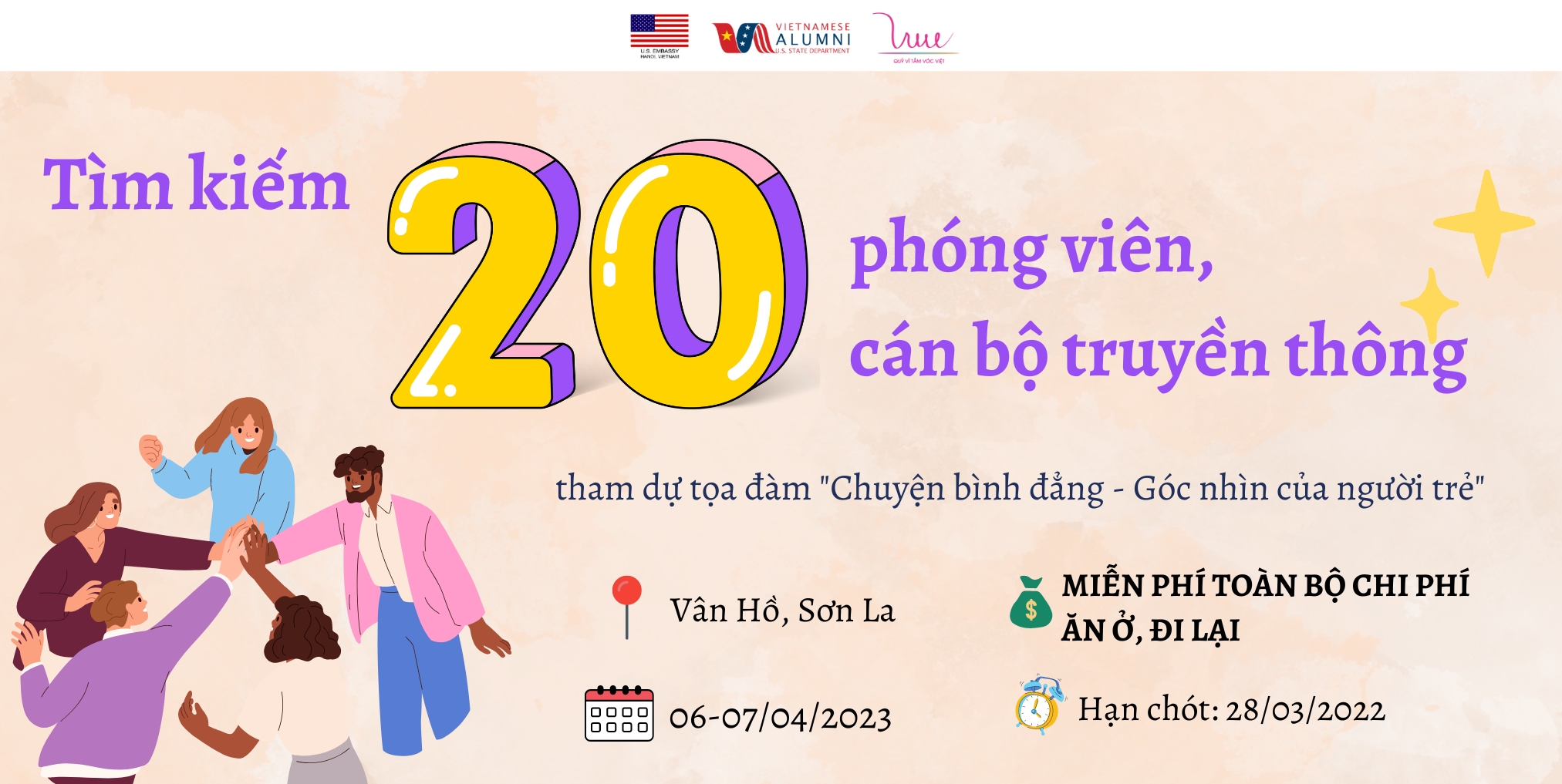 Quỹ Vì Tầm Vóc Việt tuyển 20 phóng viên/cán bộ truyền thông tham dự tọa đàm "Chuyện bình đẳng - Góc nhìn của người trẻ" tại Sơn La - Hạn chót đăng ký: 28/03/2023